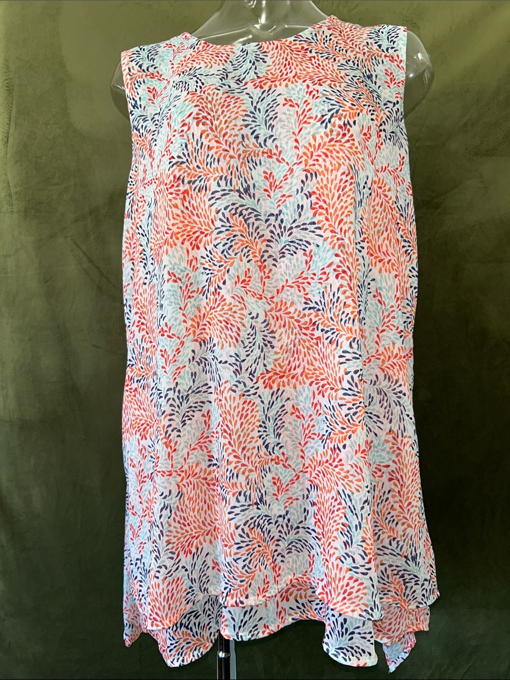 Fever Multicolor Floral-Teardrop Print Blouse — Coral, Navy & Mint